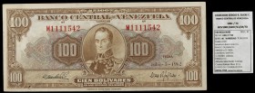 1962. Venezuela. Banco Central. ABNC. 100 bolívares. (Pick 34d). 3 de julio. Serie M de siete dígitos. Perforaciones en la esquina inferior izquierda....