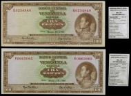 1969. Venezuela. Banco Central. TDLR. 100 bolívares. (Pick 48f) (Sucre 100D). 18 de marzo. 2 billetes. Series U y V de siete dígitos. MBC-/S/C-.