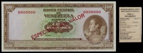 s/d (1963 y 1973). Venezuela. Banco Central. TDLR. 100 bolívares. (Pick 48S1) (Sucre E100D/9). Prueba. ESPECIMEN SIN VALOR en anverso y reverso. Numer...