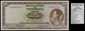 1973. Venezuela. Banco Central. TDLR. 100 bolívares. (Pick 48j) (Sucre 100D/98). 6 de febrero. Serie F de seis dígitos. Dos puntos de aguja. (EBC-).