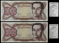 1974. Venezuela. Banco Central. BDDK. 100 bolívares. (Pick 55a) (Sucre 100E/103 y 104). 2 billetes. Series H y J. MBC-/MBC.