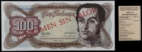 1976. Venezuela. Banco Central. BDDK. 100 bolívares. (Pick 55S2) (Sucre E100F/21). 27 de enero. Prueba. ESPECIMEN SIN VALOR en anverso y reverso. Nume...