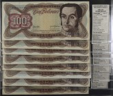 1976. Venezuela. Banco Central. BDDK. 100 bolívares. (Pick 55c y d) (Sucre 100F). 8 billetes. Fechas y series distintas. MBC-/EBC.