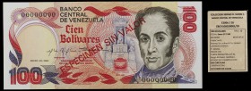 1980. Venezuela. Banco Central. TDLR. 100 bolívares. (Pick 59S) (Sucre E100G/26). 29 de enero. Prueba. ESPECIMEN SIN VALOR en anverso y reverso. Numer...