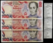 1980. Venezuela. Banco Central. TDLR. 100 bolívares. (Pick 59) (Sucre 100G/151). 29 de enero. 3 billetes, una pareja correlativa. Serie A de ocho dígi...