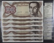 1990. Venezuela. Banco Central. BDDK. 100 bolívares. (Pick 66c) (Sucre 100I). 7 billetes, una pareja correlativa. Series distintas. MBC-/S/C-.