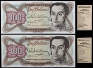 1992. Venezuela. Banco Central. TDLR. 100 bolívares. (Pick 66e) (Sucre 100J/225). 8 de diciembre. Pareja correlativa, serie E de ocho dígitos. Billete...