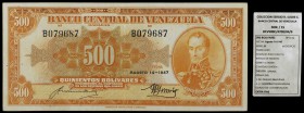 1947. Venezuela. Banco Central. ABNC. 500 bolívares. (Pick 37a) (Sucre 500c/15). 14 de agosto. Serie B de seis dígitos. Dos puntitos de aguja en la pa...