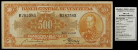 1947. Venezuela. Banco Central. ABNC. 500 bolívares. (Pick 37a) (Sucre 500c/16). 4 de septiembre. Serie B de seis dígitos. Dos puntos de aguja en la p...