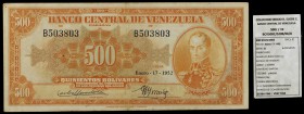 1952. Venezuela. Banco Central. ABNC. 500 bolívares. (Pick 37a) (Sucre 500c/19). 17 de enero. Serie B de seis dígitos. Escaso. MBC.