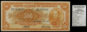 1957. Venezuela. Banco Central. ABNC. 500 bolívares. (Pick 37b) (Sucre 500D/26). 19 de septiembre. Serie B de siete dígitos. Graffiti en anverso derec...