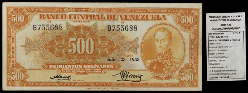 1953. Venezuela. Banco Central. ABNC. 500 bolívares. (Pick 37b) (Sucre 500c/21)....