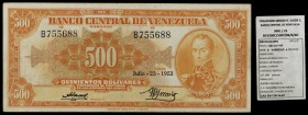 1953. Venezuela. Banco Central. ABNC. 500 bolívares. (Pick 37b) (Sucre 500c/21). 23 de julio. Serie B de seis dígitos. Dos puntitos de aguja en el lad...