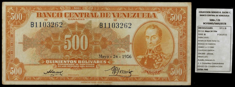 1956. Venezuela. Banco Central. ABNC. 500 bolívares. (Pick 37b) (Sucre 500D/23)....