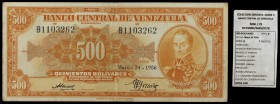 1956. Venezuela. Banco Central. ABNC. 500 bolívares. (Pick 37b) (Sucre 500D/23). 24 de mayo. Serie B de siete dígitos. Escaso. MBC.