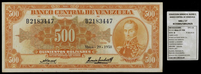 1958. Venezuela. Banco Central. ABNC. 500 bolívares. (Pick 37b) (Sucre 500D/27)....