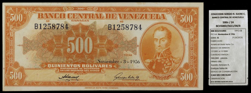 1956. Venezuela. Banco Central. ABNC. 500 bolívares. (Pick 37b) (Sucre 500D/24)....