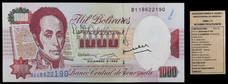 1992. Venezuela. Banco Central. BABN. 1000 bolívares. (Pick 73c) (Sucre 1000C/5)...