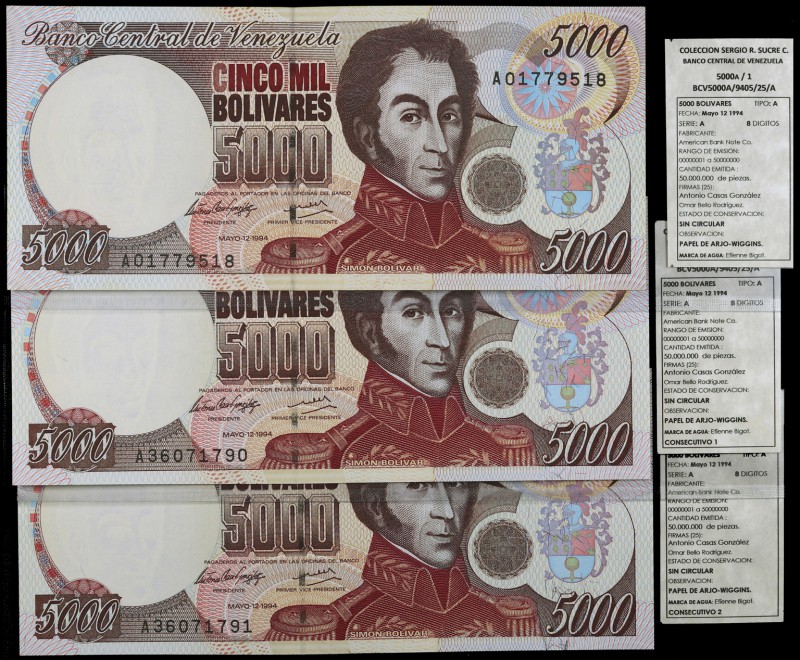 1994. Venezuela. Banco Central. ABNC. 5000 bolívares. (Pick 75a) (Sucre 5000A). ...