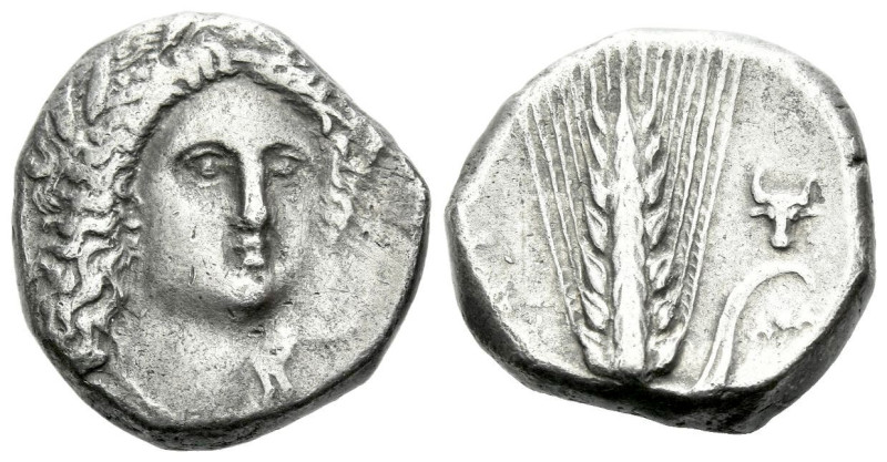 Lucania, Metapontum Nomos circa 330-290, AR 18.00 mm., 7.69 g.
Head of Demeter,...