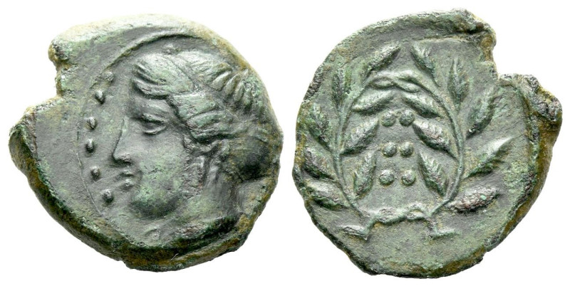 Sicily, Himera Hemilitron circa 420, Æ 18.00 mm., 3.76 g.
Head of nymph l.; six...