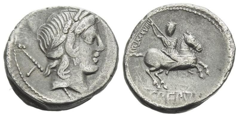 P. Crepusius. Denarius circa 82, AR 17.00 mm., 3.44 g.
Laureate head of Apollo ...