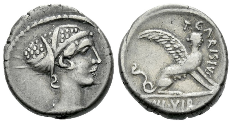 T. Carisius. Denarius circa 46, AR 15.80 mm., 3.86 g.
Head of Sybil r. Rev. T·C...