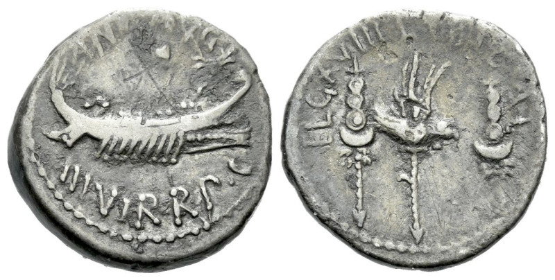 Marcus Antonius. Denarius circa 32-31, AR 17.30 mm., 3.31 g.
ANT AVG – III·VIR·...