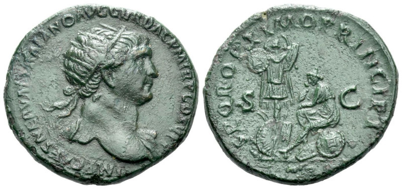 Trajan, 98-117 Dupondius circa 103-111, Æ 27.70 mm., 11.64 g.
Radiate head r.; ...