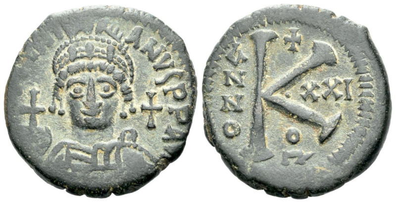 Justinian I, 527-565 20 Nummi Theoupolis (Antioch) circa 547-548 (tear 21), Æ 25...