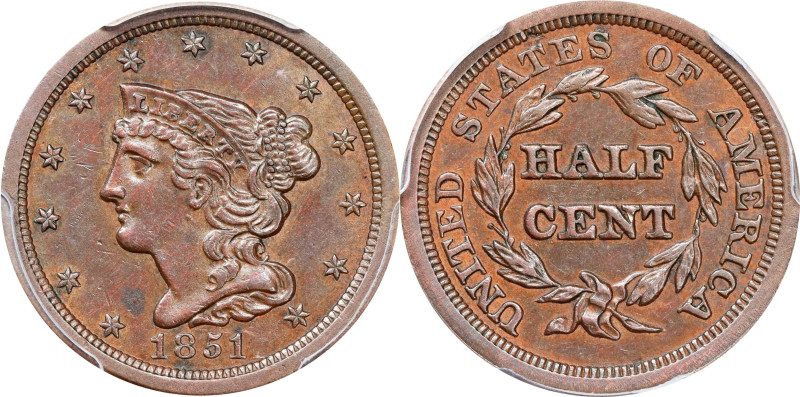 1851 Braided Hair Half Cent. C-1. Rarity-1. AU Details--Cleaned (PCGS).

PCGS#...