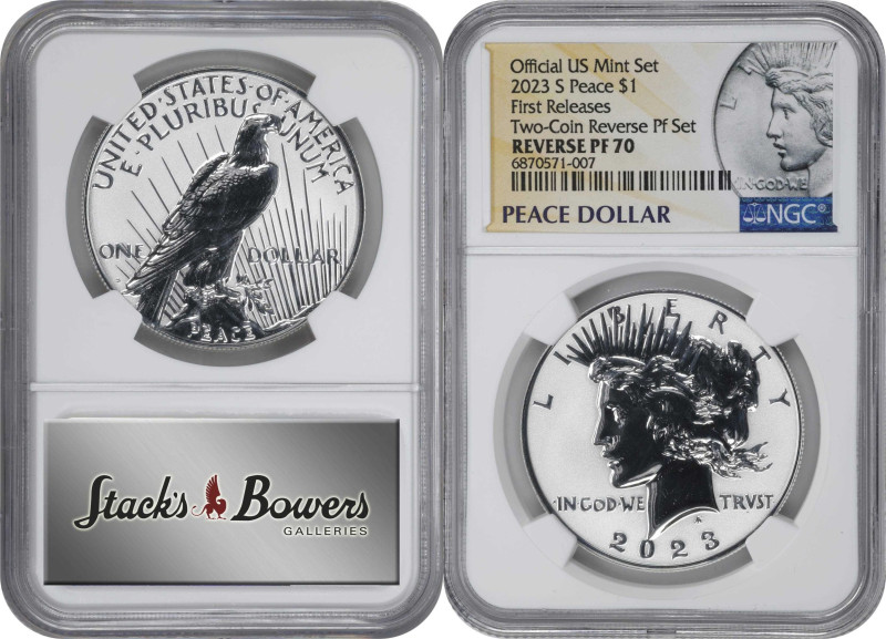 Lot of (2) 2023-S Silver Dollar Anniversary Coins. Peace. First Releases. (NGC)....