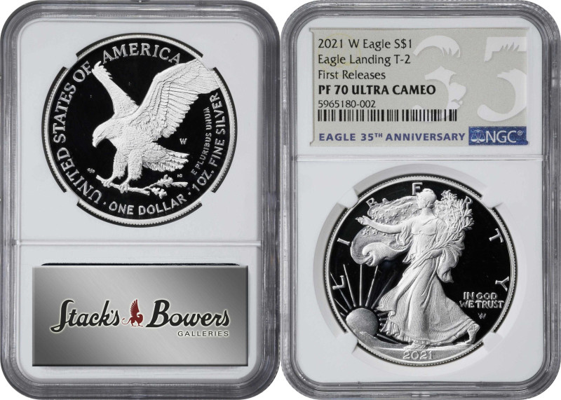 Lot of (3) 2021-W Silver Eagles. Type II, Eagle Landing. First Releases. Proof-7...