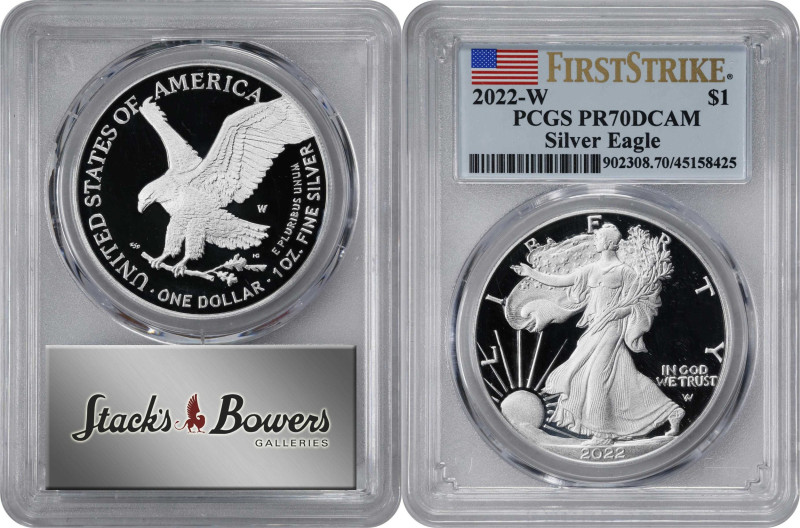 Lot of (9) 2022-W Silver Eagles. First Strike. Proof-70 Deep Cameo (PCGS).