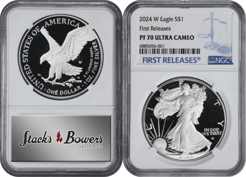 Lot of (5) 2024-W Silver Eagles. First Releases. Proof-70 Ultra Cameo (NGC).