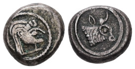 Kolchis, Phasis. Half Siglos –AR Hemidrachm, 2.22 g 11.68 mm. Circa 425-325 BC.
Obv: Archaic female head right.
Rev: Head of bull right.
Ref:SNG BM Bl...