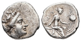 Euboia, Histiaia. AR Tetrobol, 2.07 g 14.75 mm. 3rd-2nd centuries BC.
Obv: Wreathed head of the nymph Histiaia right.
Rev: IΣTIAIEΩN. Nymph seated rig...