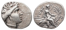 Euboia, Histiaia. AR Tetrobol, 2.36 g 16.26 mm. 3rd-2nd centuries BC.
Obv: Wreathed head of the nymph Histiaia right.
Rev: IΣTIAIEΩN. Nymph seated rig...