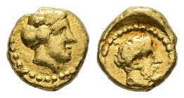 Kyrenaica, Kyrene. AV 1/10 Stater, 0.87 g 7.17 mm. Circa 435-331 BC. 
Obv: Female head (Kyrene?) right 
Rev: Head of Ammon right. 
Ref: Naville 13 (sa...