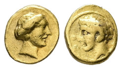 Kyrenaica, Kyrene. Gold Obol, 0.82 g 7.94 mm. Circa 331-322 BC. Attic standard.
Obv: Head of the nymph Kyrene (?) to right.
Rev:ΘE-Y Head of the you...