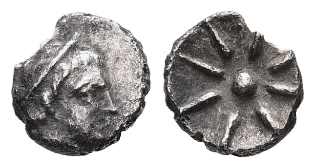 Kyrenaika, Kyrene. AR Hemiobol, 0.25 g 7.18 mm. Time of Magas, as Ptolemaic gove...