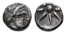 Kyrenaika, Kyrene. AR Hemiobol, 0.40 g 6.43 mm. Time of Magas, as Ptolemaic governor, first reign, circa 300-282/75 BC. 
Obv: Diademed head right 
Rev...