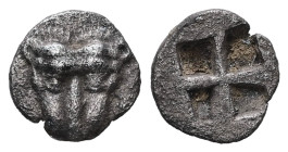 Cimmerian Bosporos, Pantikapaion. AR Hemiobol, 0.35 g 8.41 mm. Circa 470-460 BC.
Obv: Head of lion facing
Rev: Quadripartite incuse square.
Ref: Fr...