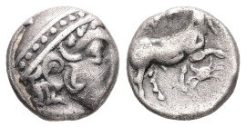 Thrace, Ainos. AR, Diobol. 1.01 g. - 10.21 mm. Circa 408-406 BC.
Obv.: Head of Hermes right wearing petasos.
Rev.: AINI. Goat standing right; crab bel...