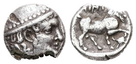 Thrace, Ainos. AR, Diobol. 0.84 g. - 10.33 mm. Circa 408-406 BC.
Obv.: Head of Hermes right wearing petasos.
Rev.: AINI. Goat standing right; crab bel...