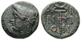 Thrace, Ainos. AE, 7.69 g 21.02 mm. Late fourth-early third century BC.
Obv: Head of Hermes left, wearing broad petasos.
Rev. A-I/N-I/Ω-Ν; Caduceus; s...