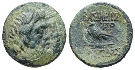 Kings of Thrace, Mostidos. Ae, 4.19 g 19.69 mm. Circa 125-85/79 BC.
Obv: Jugate heads of Zeus, laureate, and Hera right.
Rev: ΒΑΣΙΛΕΩΣ / ΜΟΣΤΙΔΟΣ. Eag...