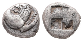 Thrace, Chersonesos. AR Diobol, 1.21 g 9.51 mm. Circa 500 BC.
Obv: Forepart of lion right, head left.
Rev: Quadripartite incuse square.
Ref: BMC 2; HG...