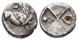 Thrace, Chersonesos. AR Hemidrachm, 1.88 g 13.37 mm. Circa 386-338 BC.
Obv: Forepart of lion right, head left.
Rev: Quadripartite incuse square with a...