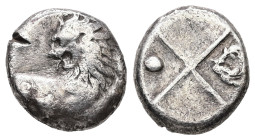 Thrace, Chersonesos. AR, Hemidrachm. 2.01 g. - 12.60 mm. Circa 386-338 BC.
Obv.: Forepart of a lion right, head turned back to left.
Rev.: Quadriparti...